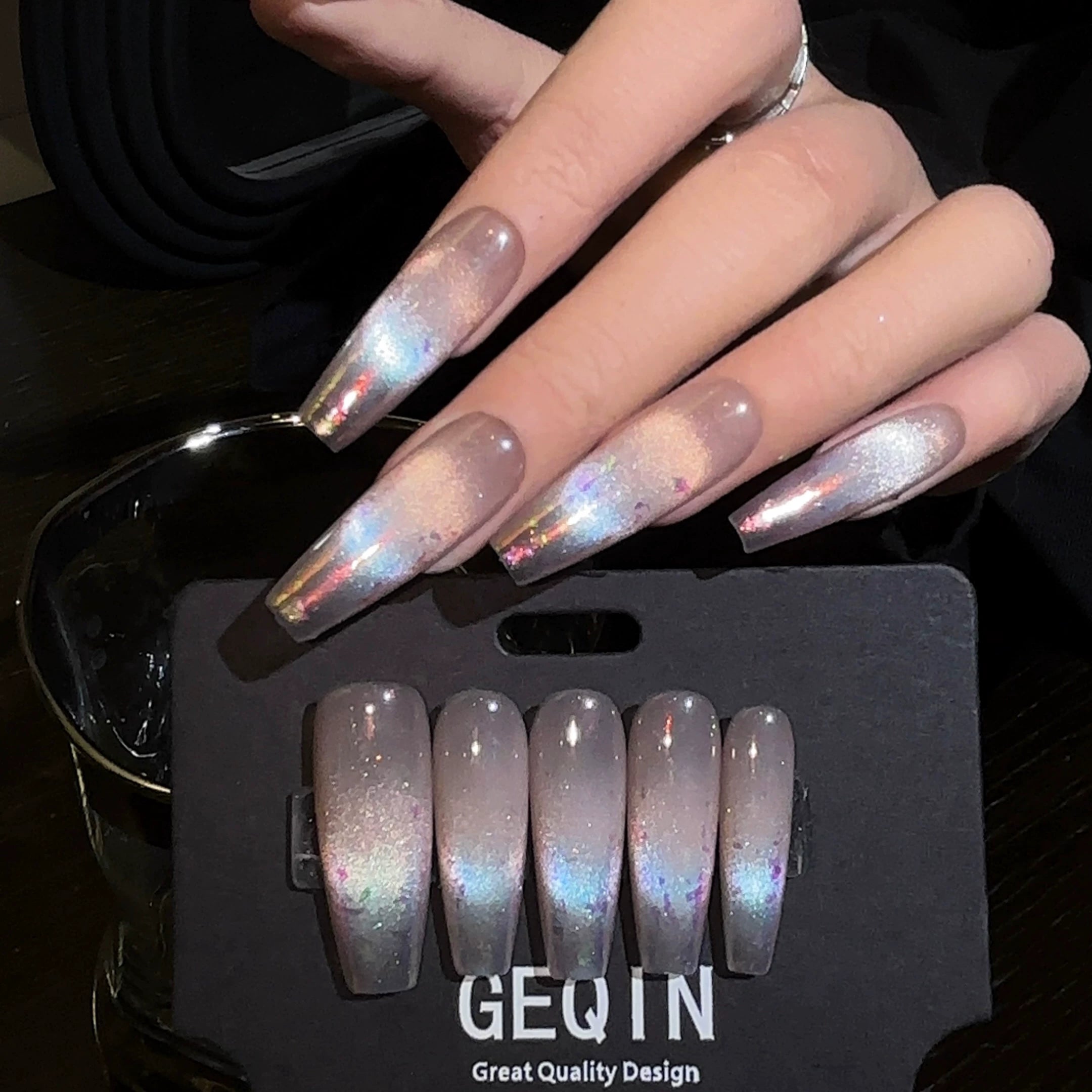 Glossy Aurora Cat Eye Press-On Nails, Dreamy, Iridescent, High-Shine Handmade Nails
