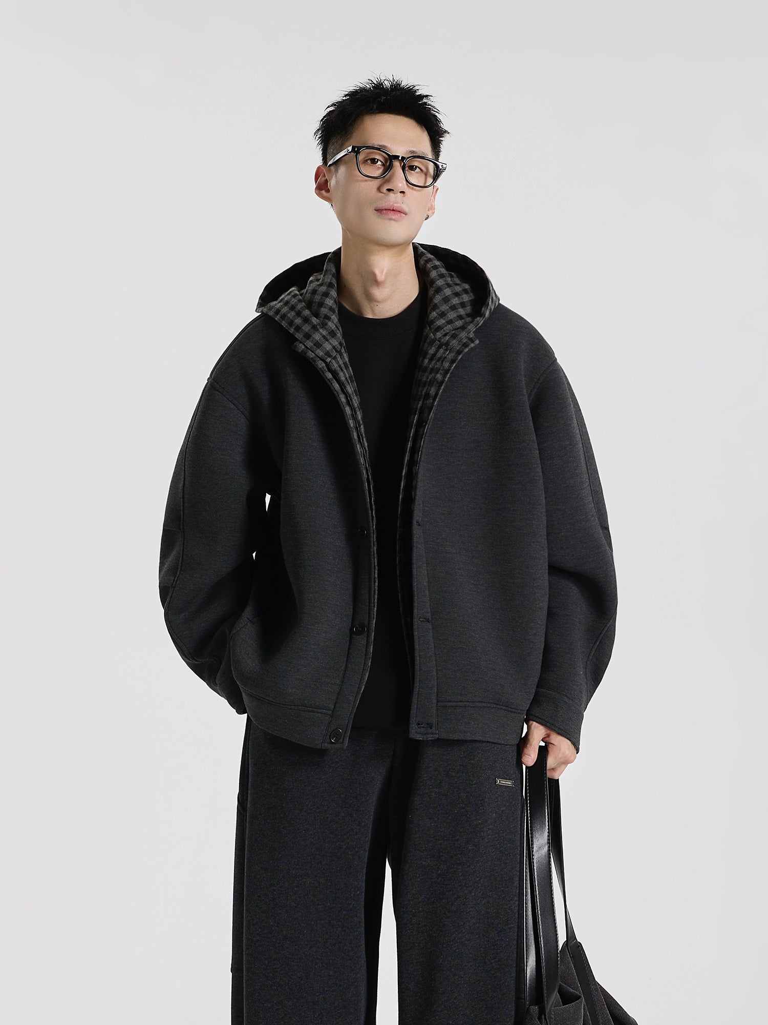 Time Overlapping" Jelly Air Layer Plaid Splicing Fake Two-piece Cardigan Hooded Sweater Jacket