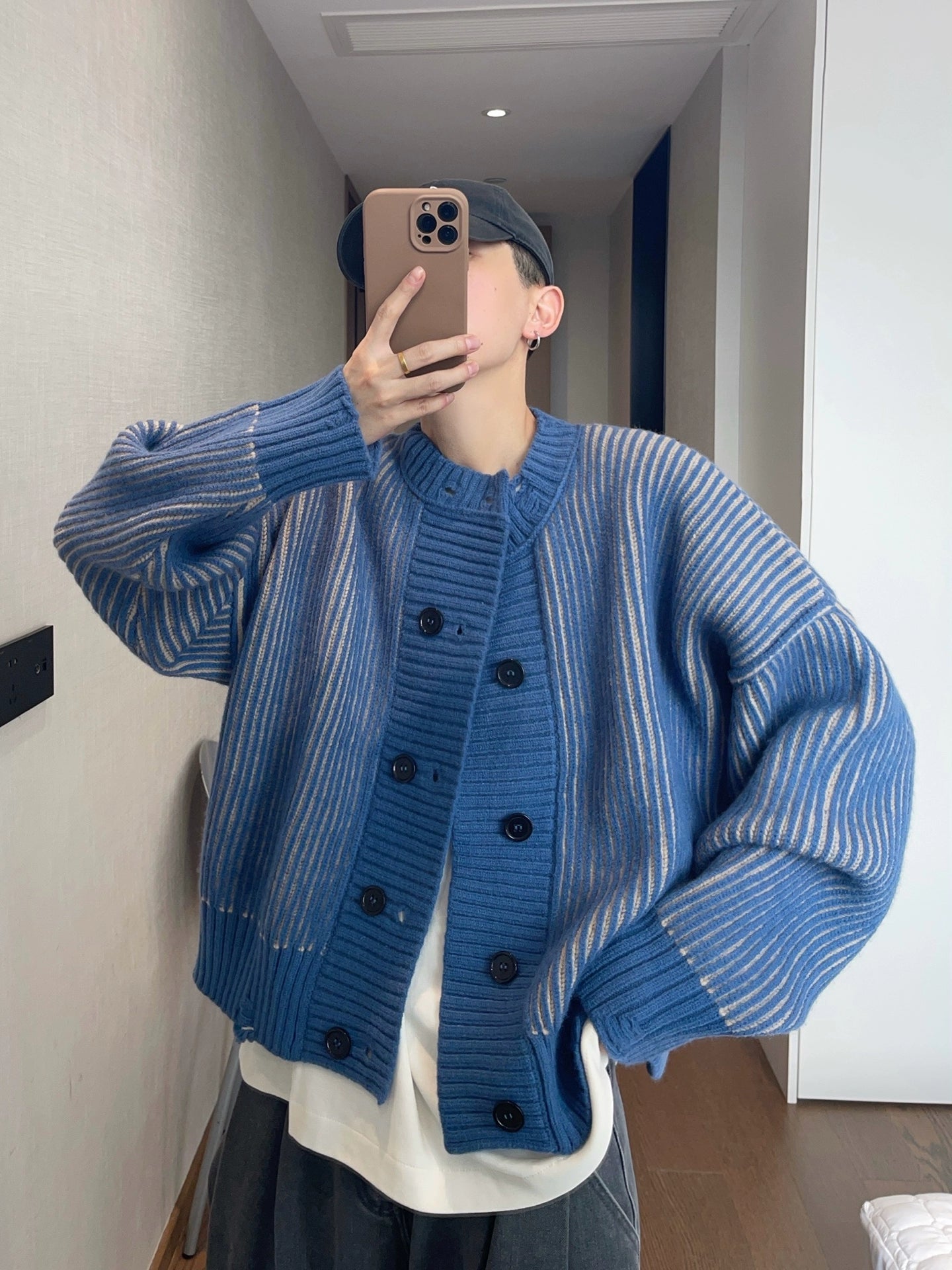 Vintage lazy heavy thick striped double-breasted warm sweater outer SIN0807