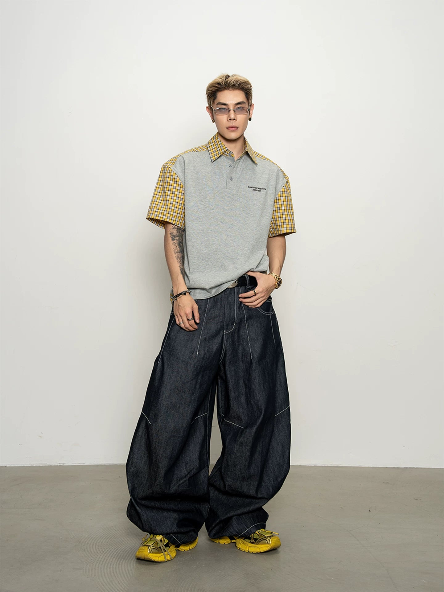 Layered plaid patchwork polo collar pure cotton short-sleeved t-shirt casualloose right shouldertops for men sinclub1549