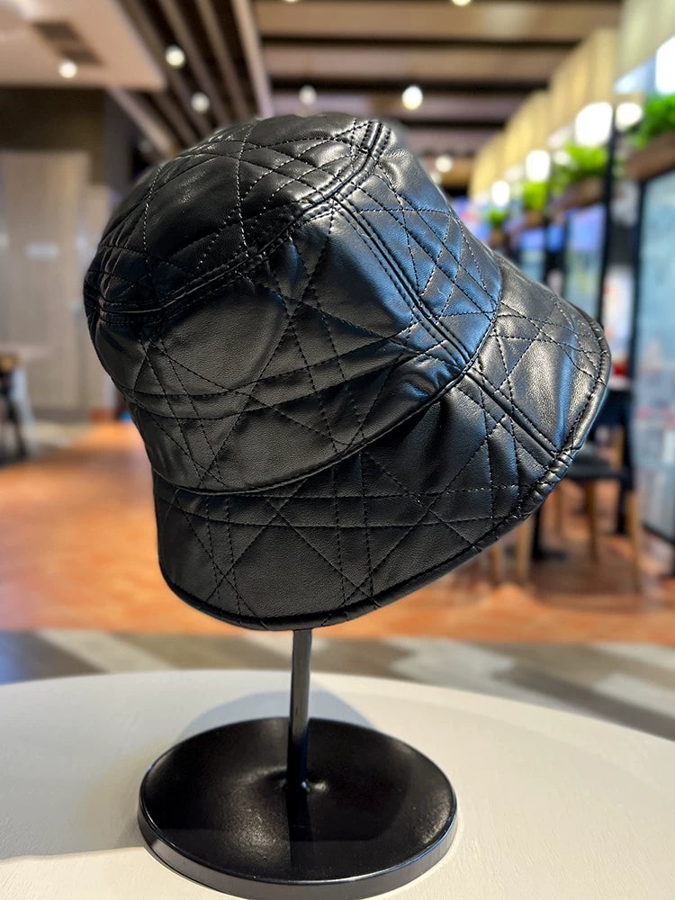 PU leather plaid bucket hat versatile face small black bucket hat retro hipster plain versatile basin hat