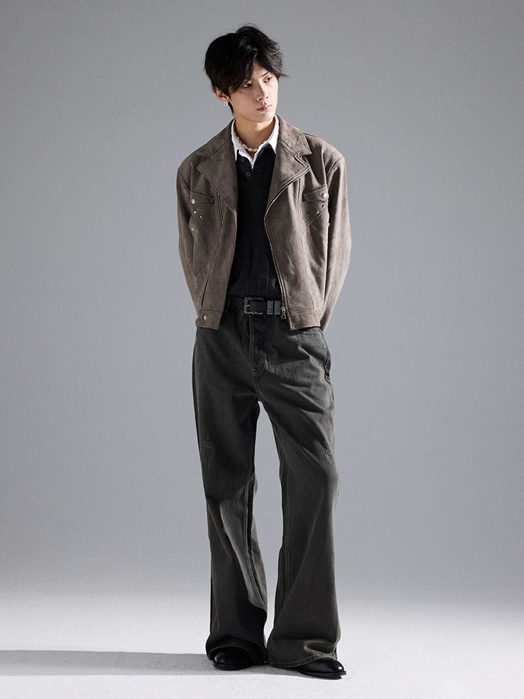 Suede Western "Rivet Short Wide Gun Barge Collar Versatile Boxy Deconstructed Suede Jacket