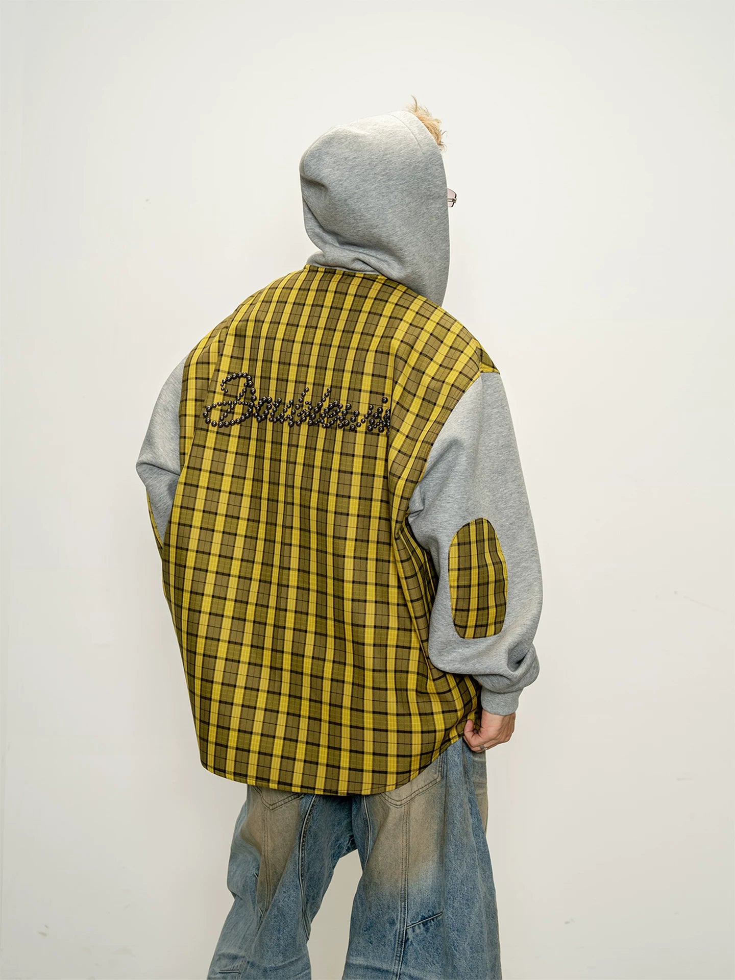 Street casual retro yellow grids pattern patchwork long sleevesshirtoutwearloosesweatshirtoutwear
