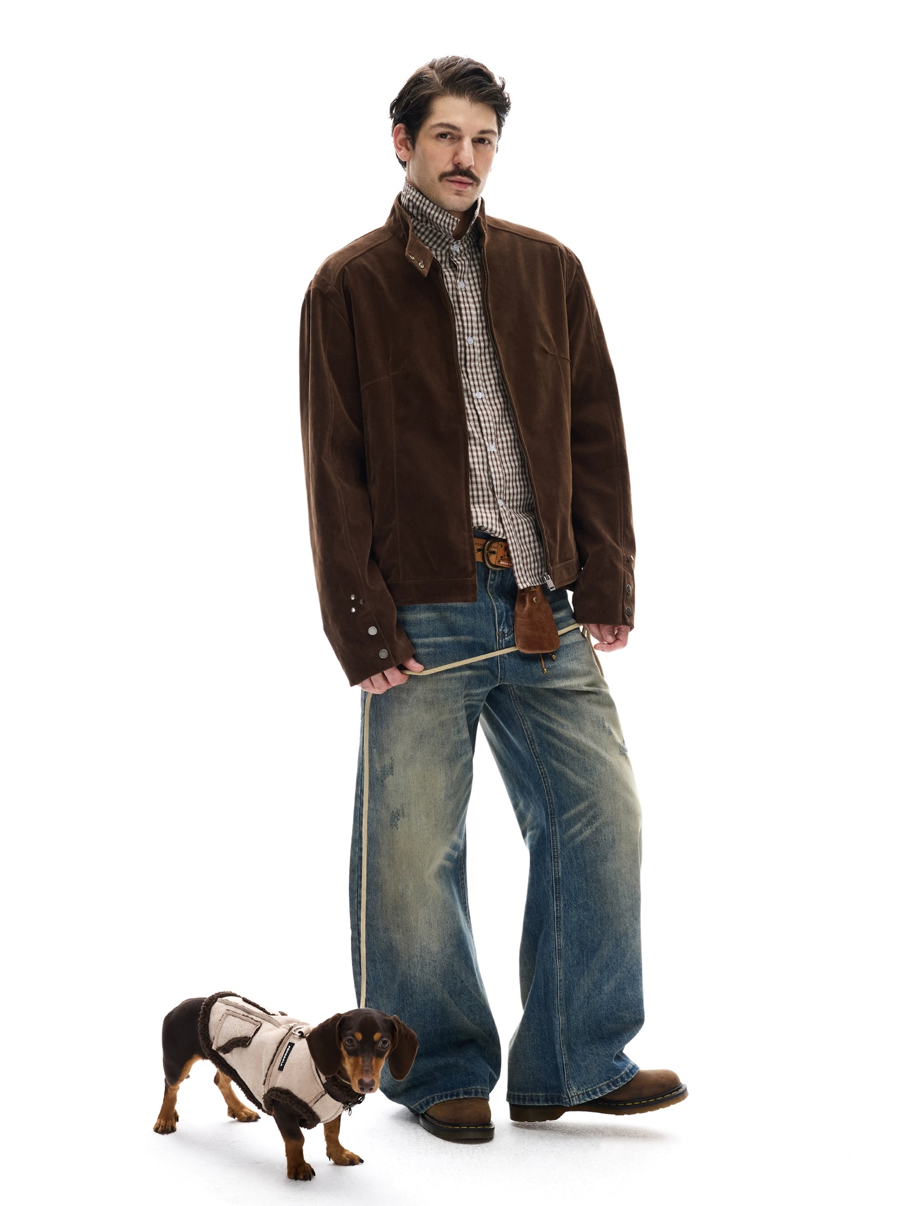 Modern street retro suede tooling stand-up collar jacket for men and women casual deconstruction splicing short coat