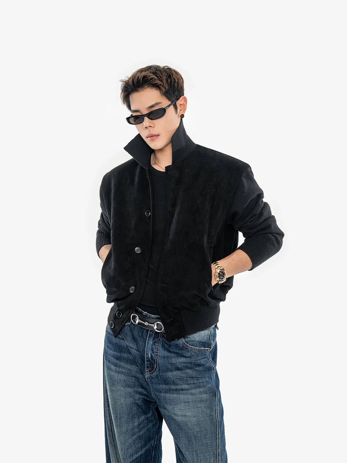 Cropped Faux Suede Knit Baseball Jacket-sinclub11