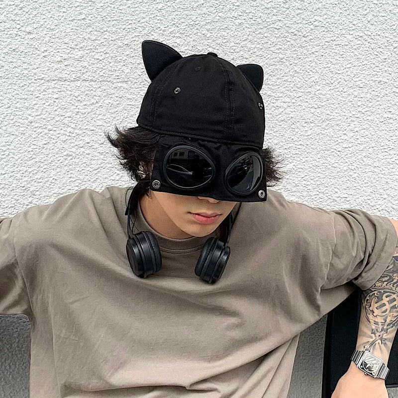 Street hip-hop aviator sunglasses baseball cap with cute cat ears - oversized/big head friendly, reversible duckbill cap