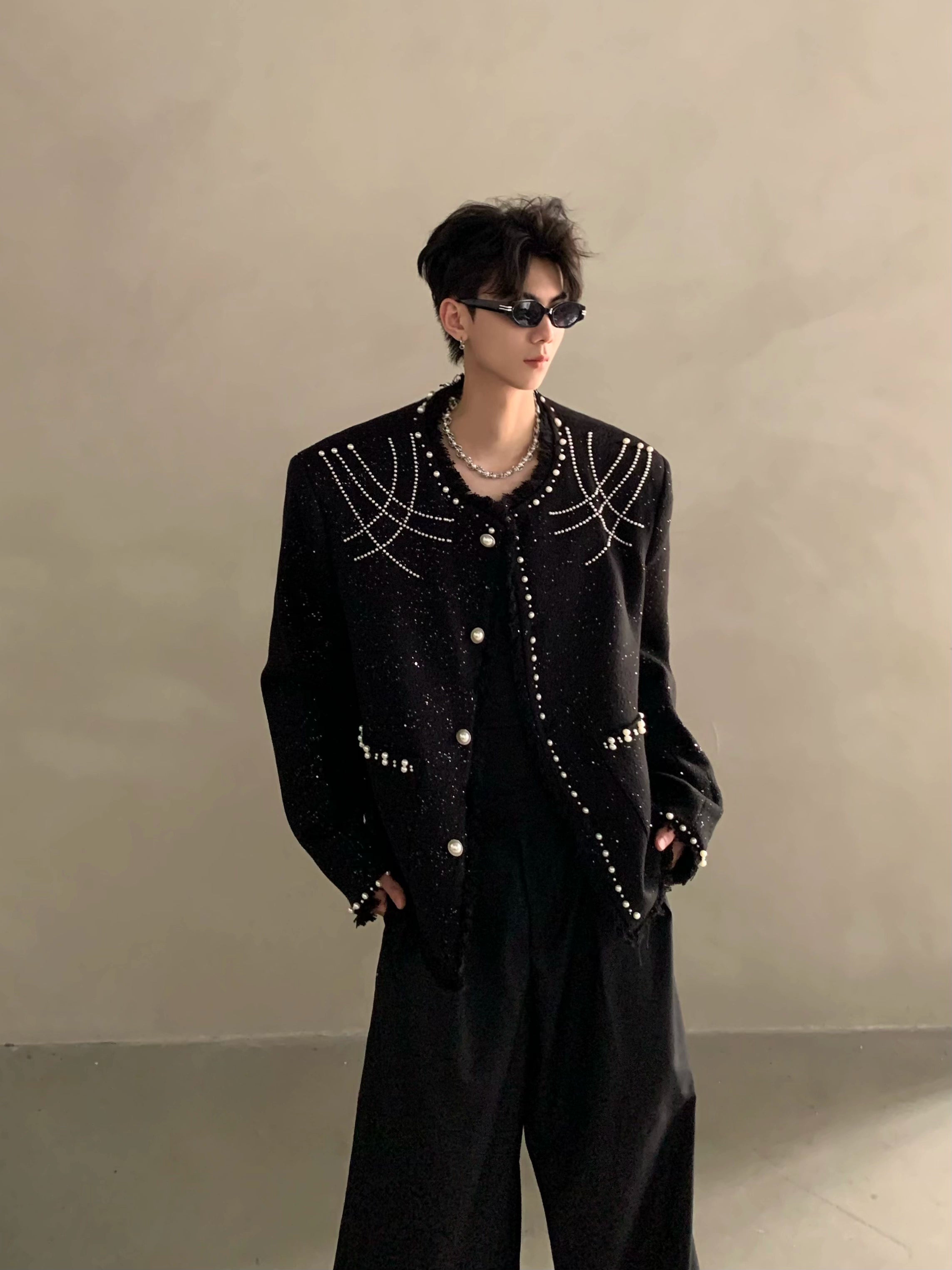 Niche high-end heavy industry bead design shoulder pads small fragrant jacket jacket men's top