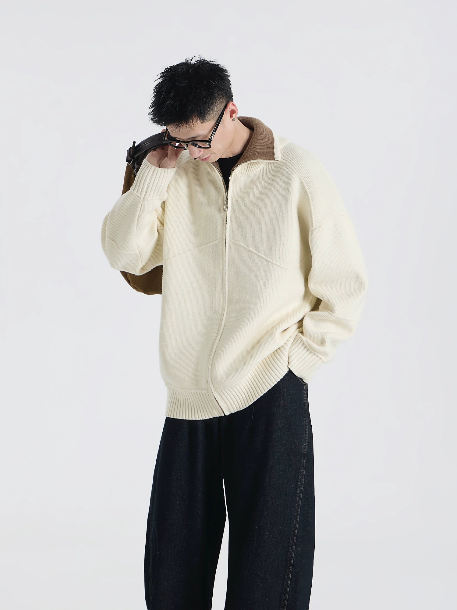 Barn style high luxury contrasting color lapel knitted cardigan jacket versatile sweater top