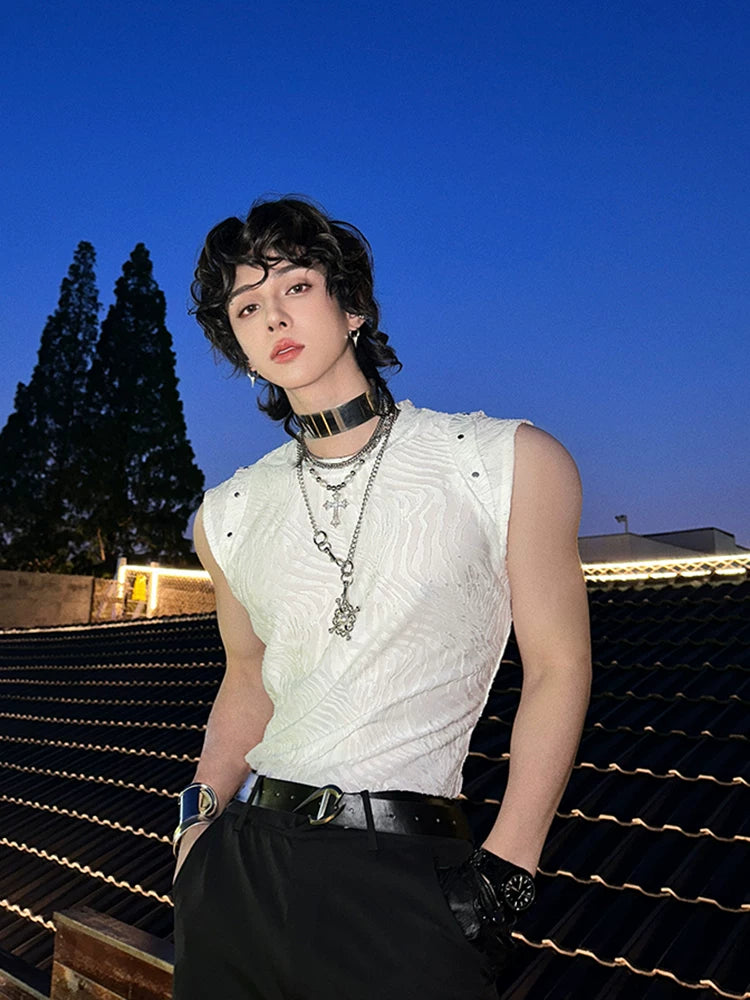 Trendy sleeveless tank top for men - new summer collection, high street style, textured design, edgy and slim-fit t-shirt sinclub2006