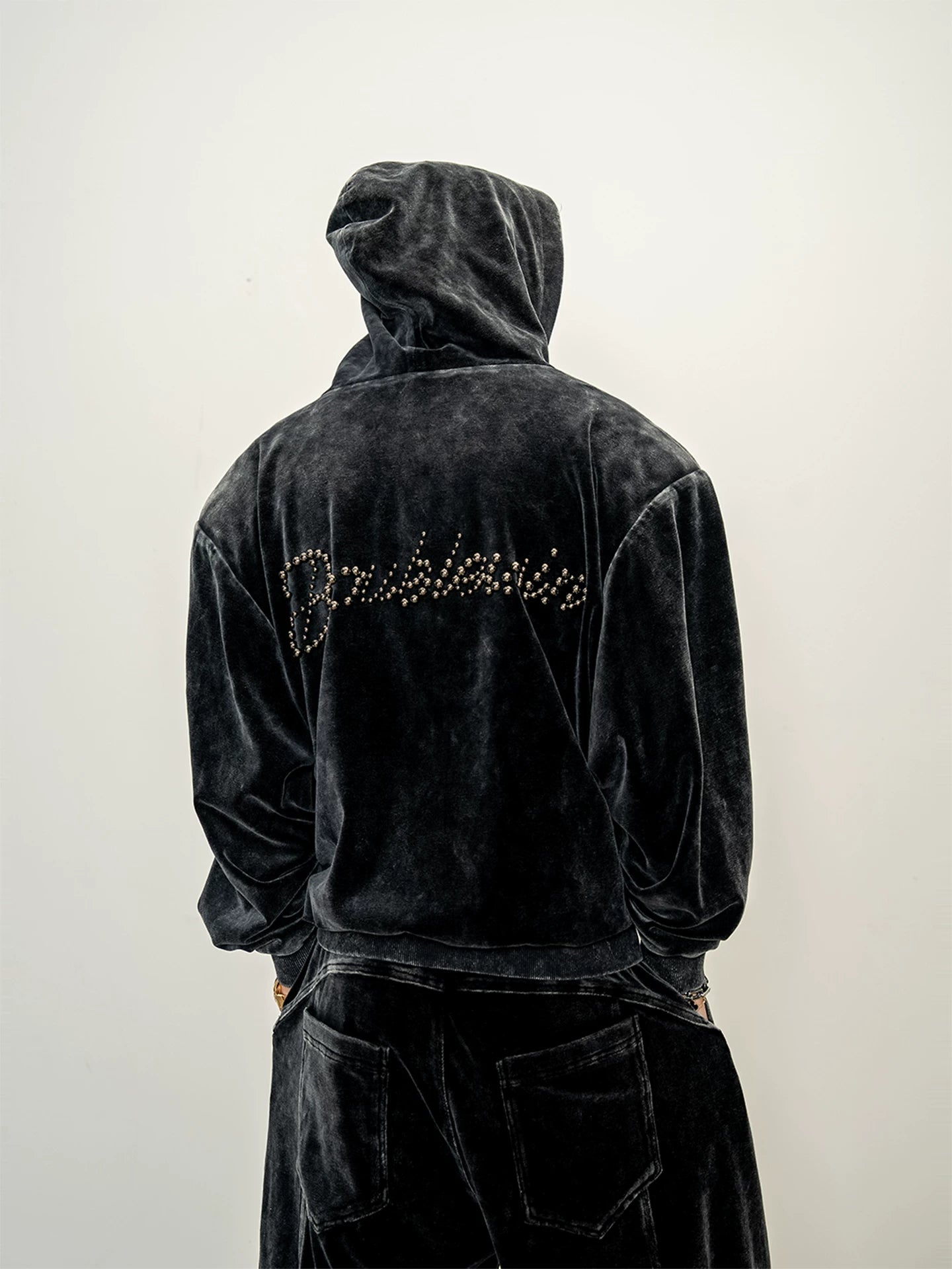 Velvet washed short shoulder pads hooded sweatshirtoutwearloosestraight-legcasual pants suit
