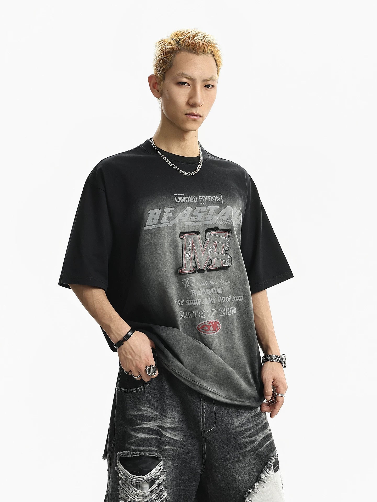 American high street spray-dyed embroiderprinting short-sleeved t-shirt men's summer retrotrendyloose round neck tops sinclub8635
