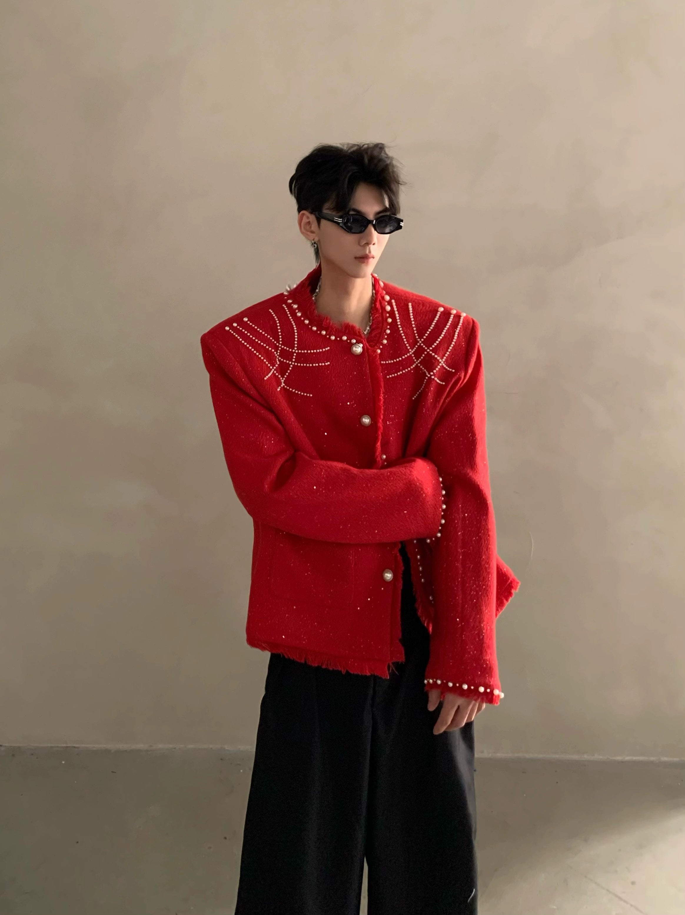 Niche high-end bead pattern design shoulder pads red small fragrant jacket jacket men's top