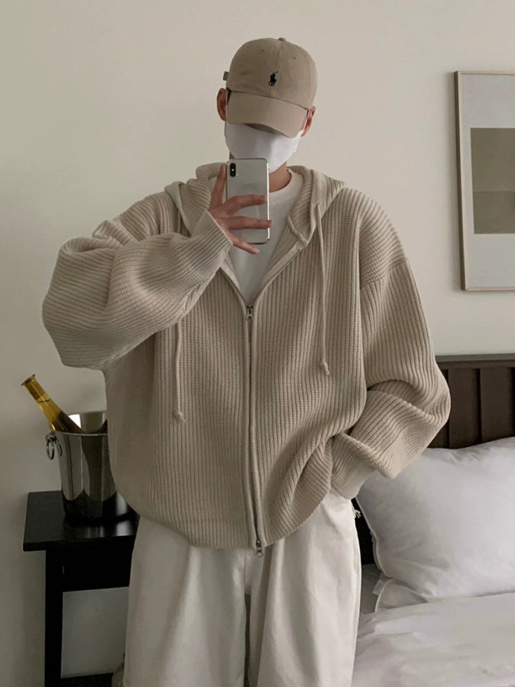 Lazy wind hooded knitted sweater jacket men's autumn and winter commuting wear Korean loose high-end sweater