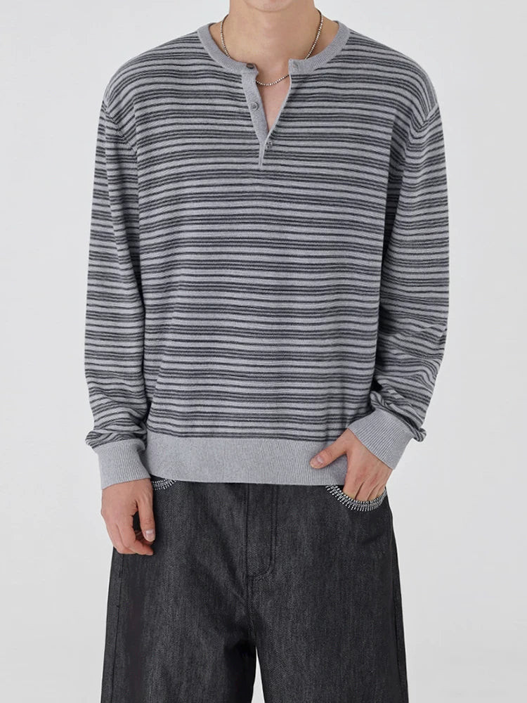 Henry collar stripes thin knitting shirt springnew arrivalloosetopskorean style old money style outfit
