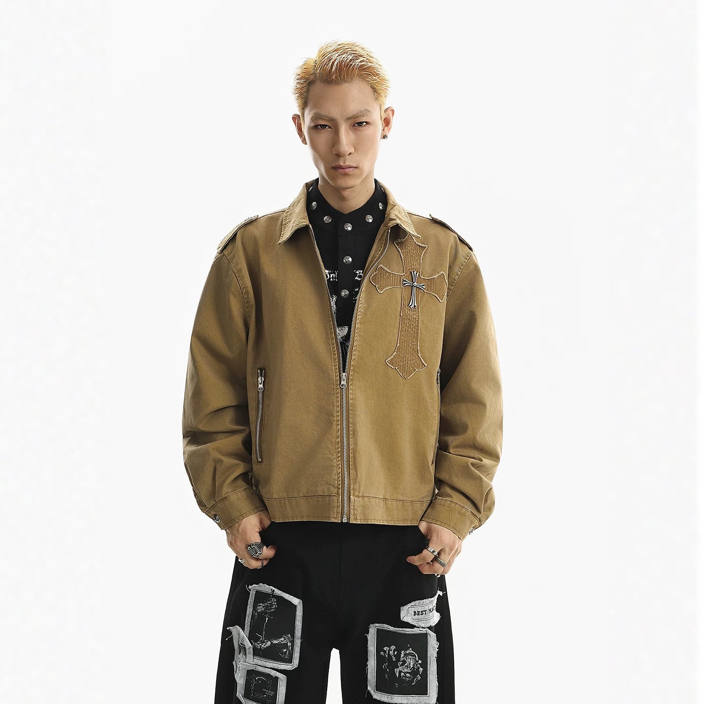 Trendy brand cross metal lapel jacket men's spring cool high-end loose short jacket TP533