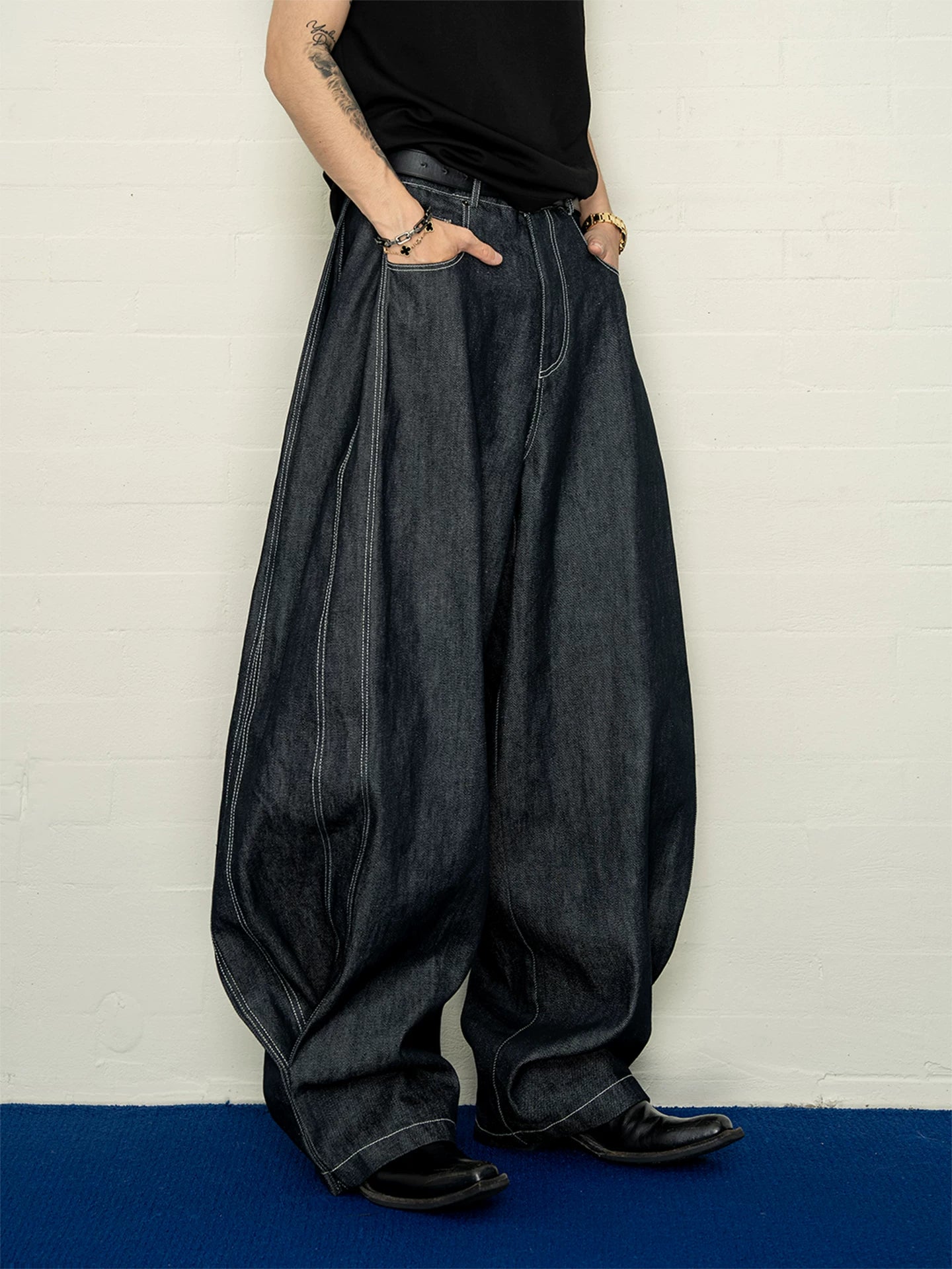 Adjustable side seam snap button raw denim jeans - relaxed fit, versatile wide leg trousers for men sinclub3980