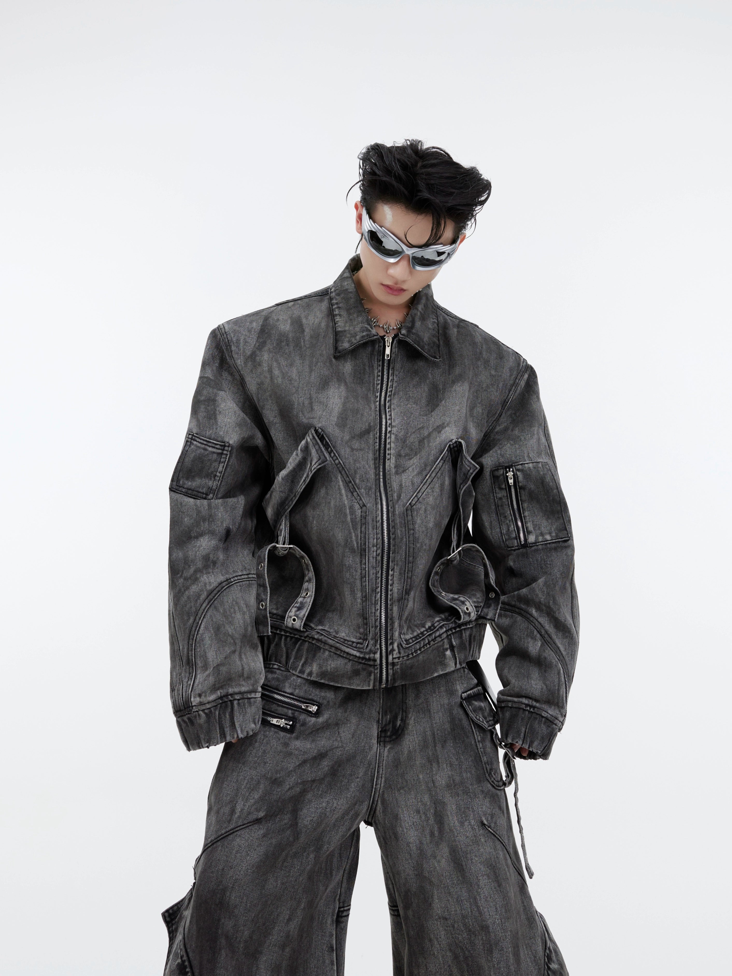 Niche retro old denim suit jacket jacket wasteland heavy zipper big pocket overalls