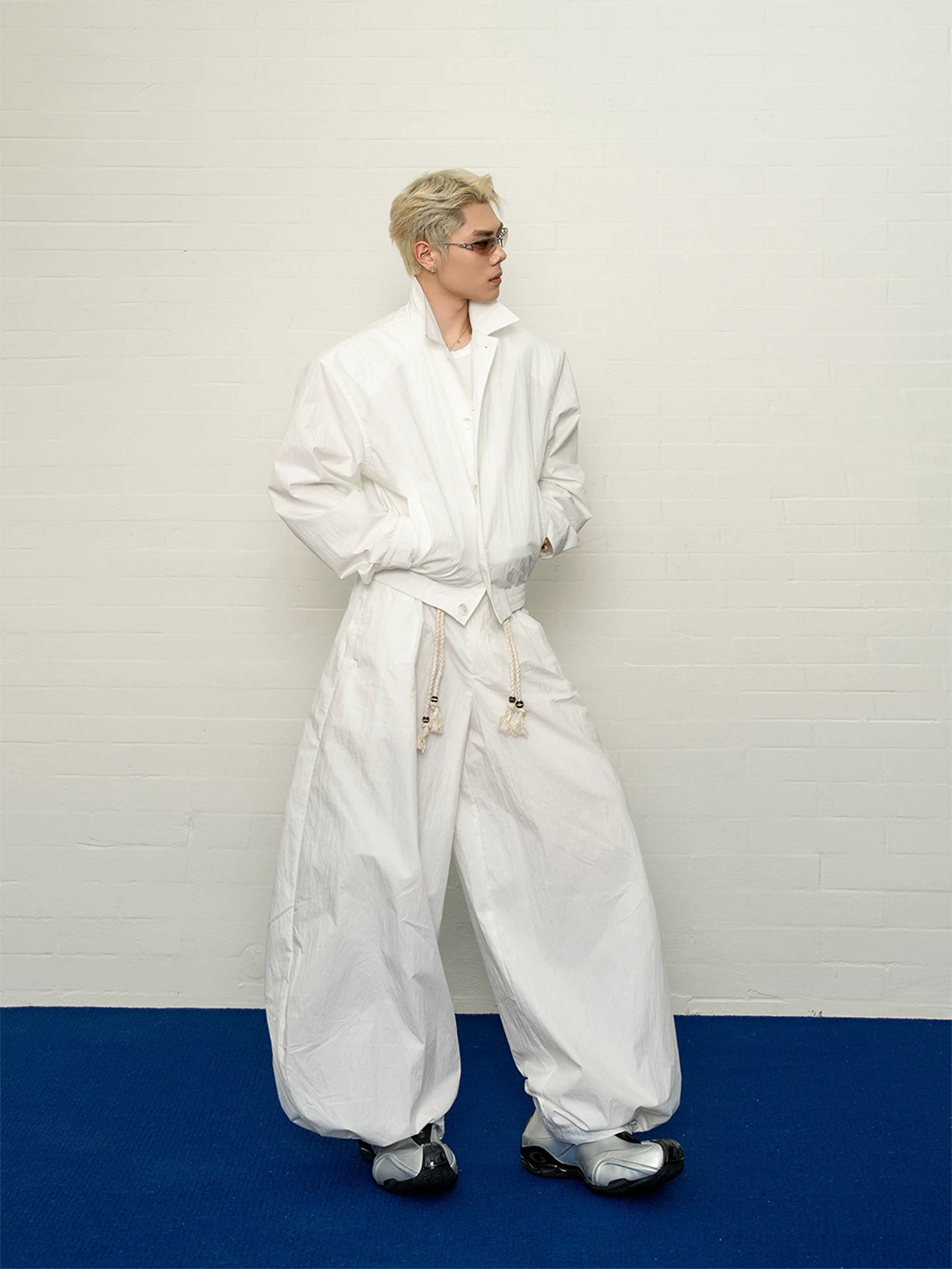 Three-dimensional pleated white wide-leg casual pants summerplaidlooseeasiest for matchdrapedpants for men sinclub5069