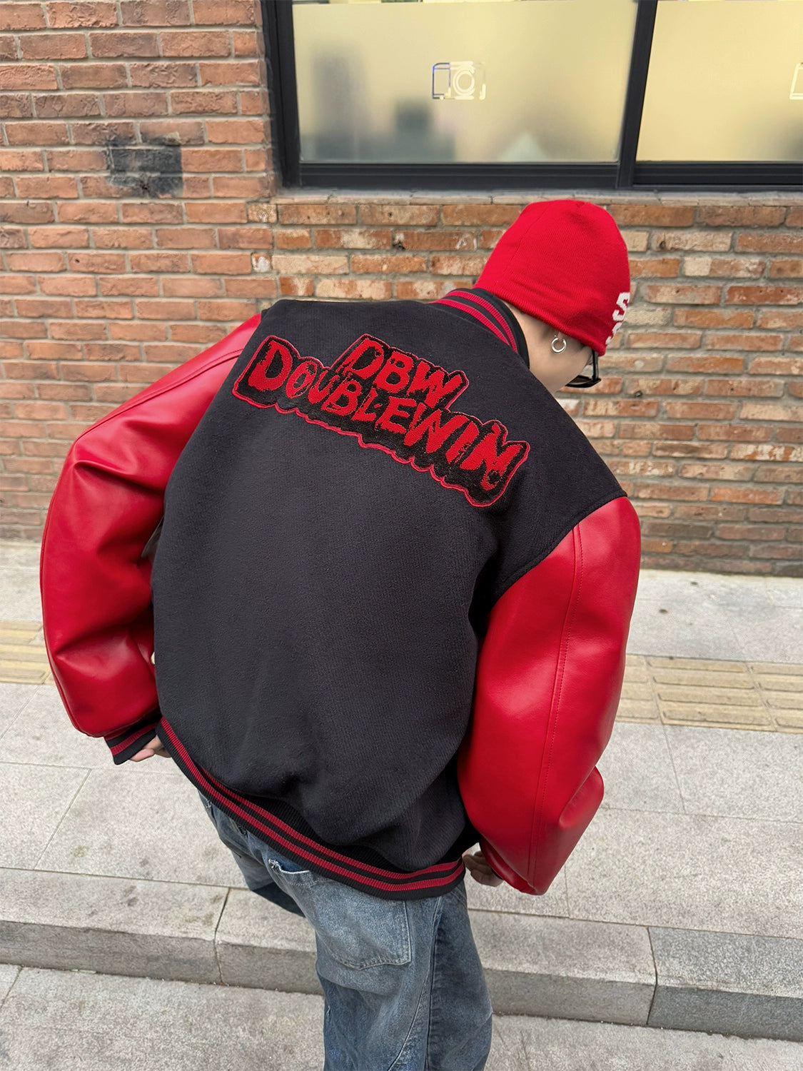 American contrasting leather baseball jersey men's personality silhouette wide shoulder short jacket jacket tide