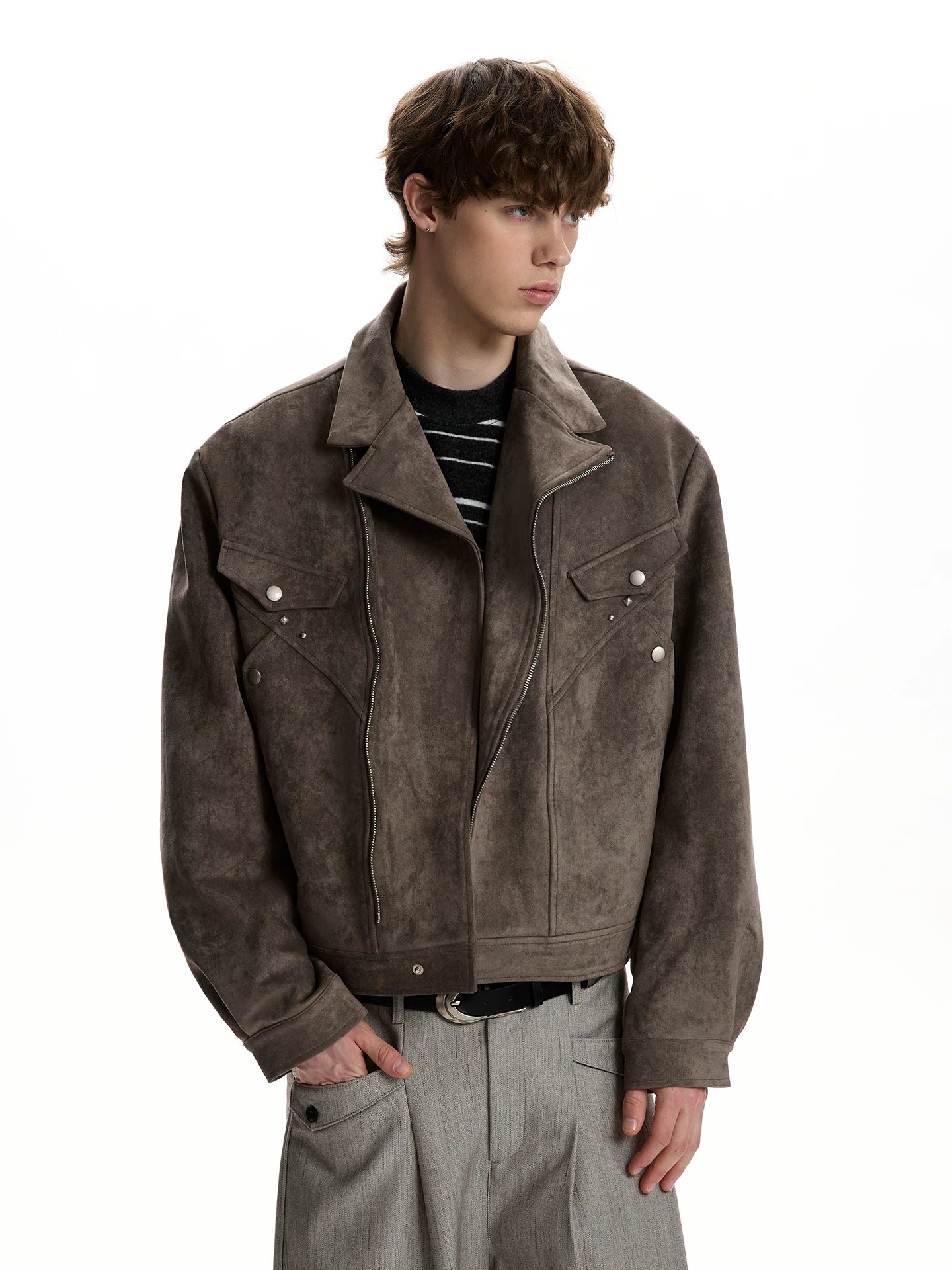 Retro old money feng deconstructed design suede jacket - boxy fit, cropped length, versatile commuter outerwear