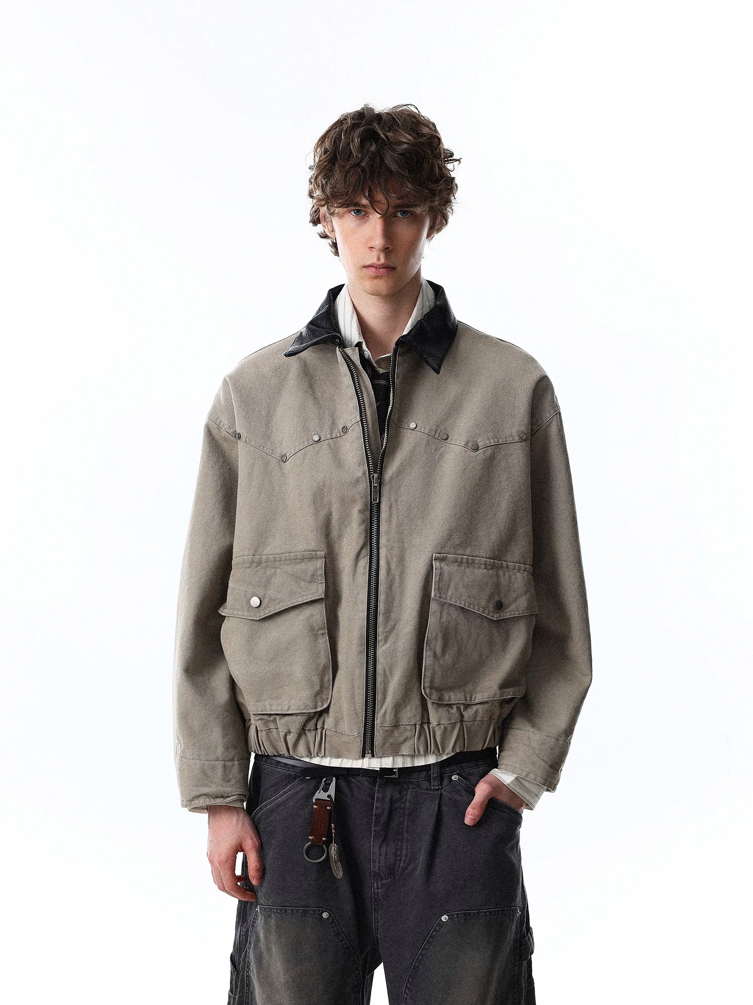 American retro patchwork color block turn-down collar workwear jacket SIN057