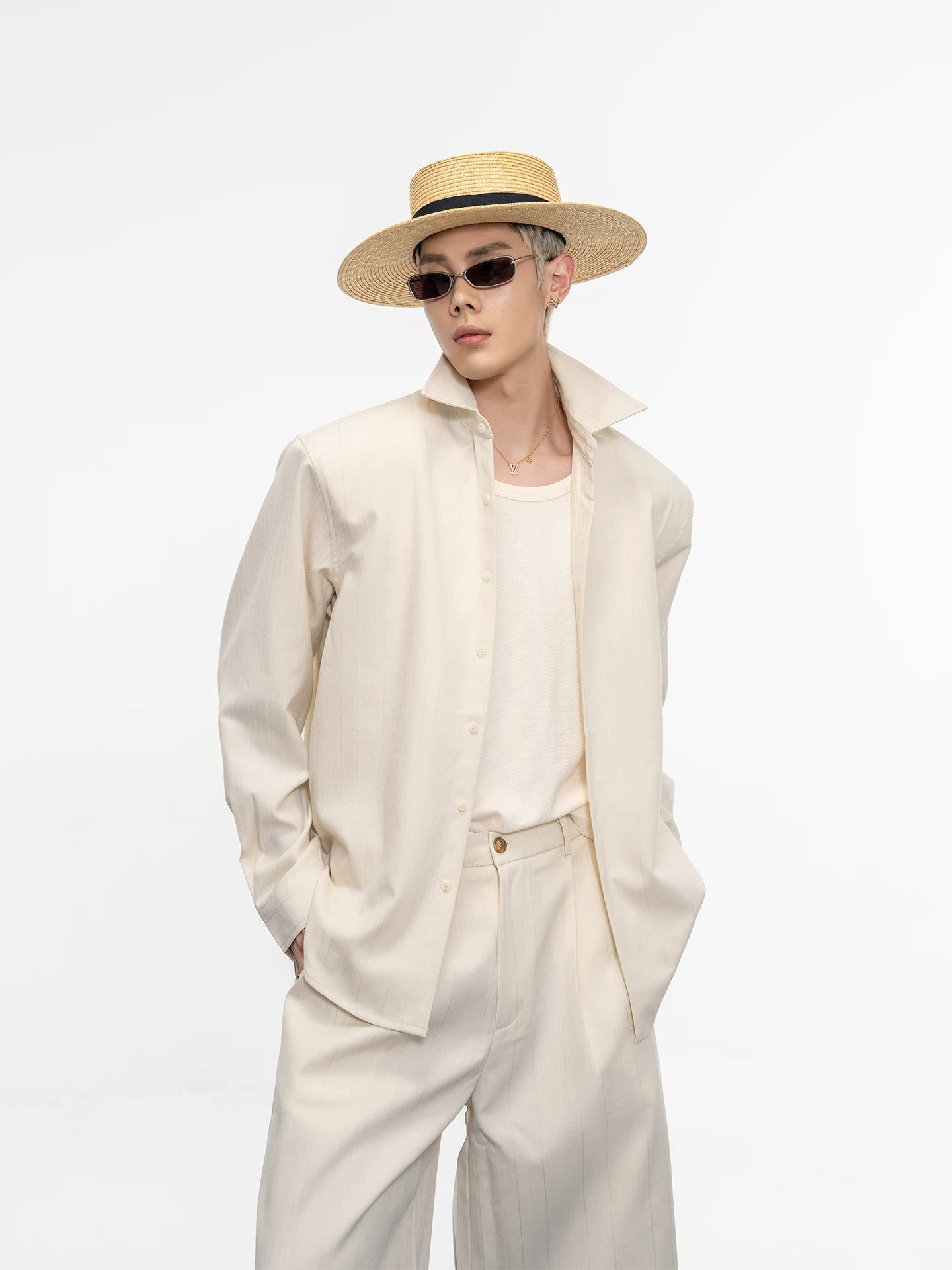 Relaxed vertical stripes draped long sleevesshirtsummerstereo pleated loose-leaf cropped pantssuitmen sinclub6011