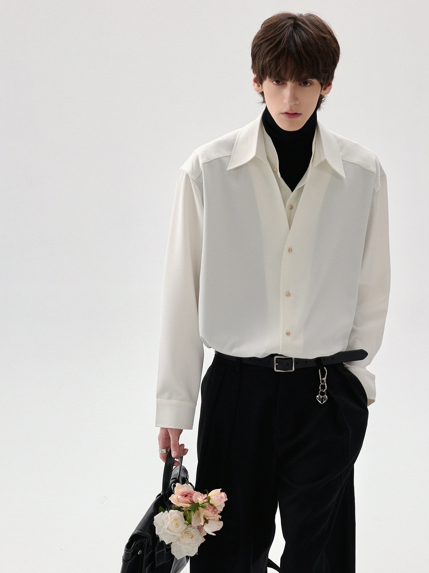 Men's high-end fake three and a half turtleneck shirts men's anti-wrinkle long-sleeved shirts with trendy insides