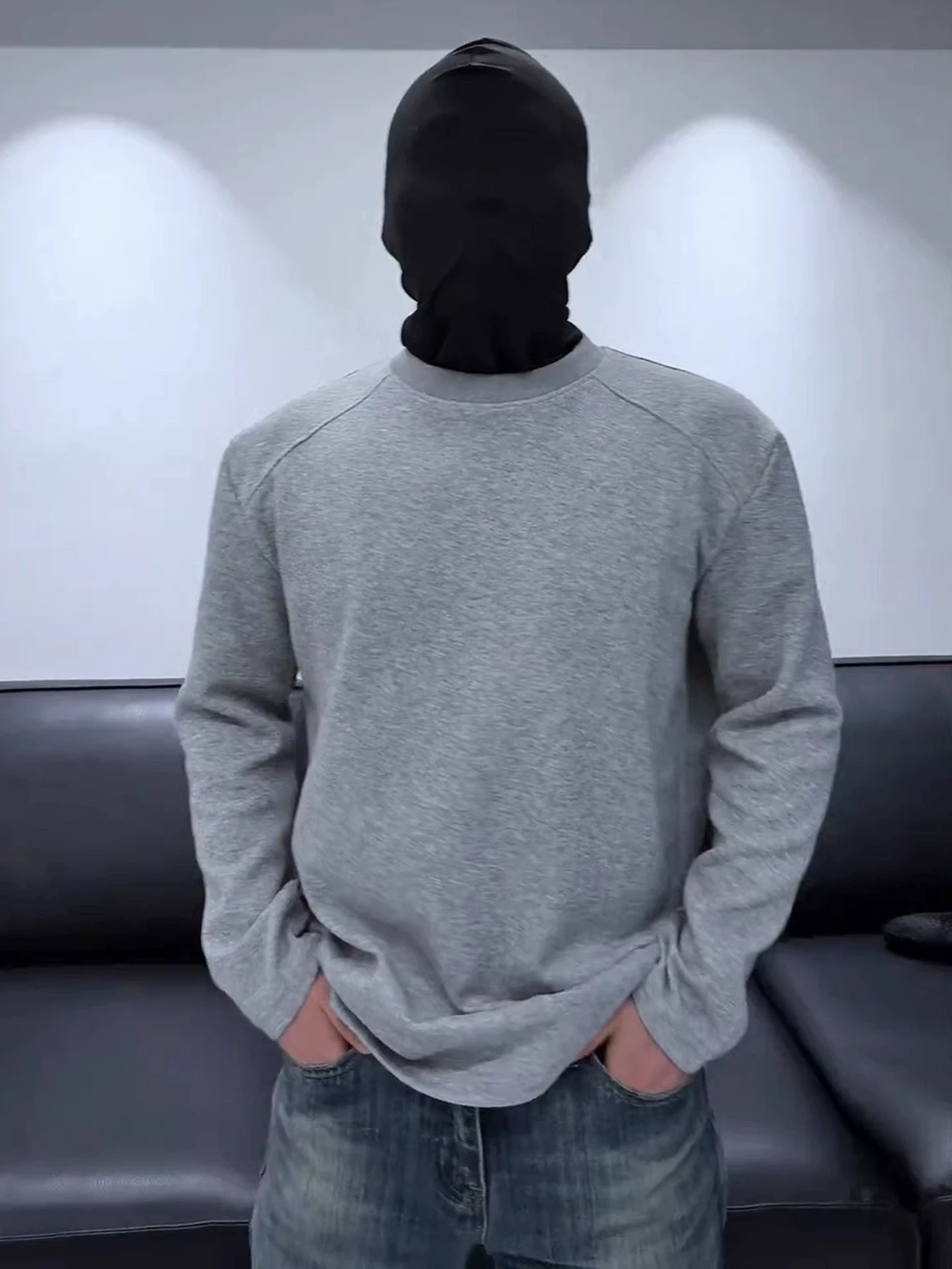 Light gray deconstructed menlong sleeves inner t-shirt autumn winter american heavy weight right shoulder sweatshirt silmfleece-linedtops