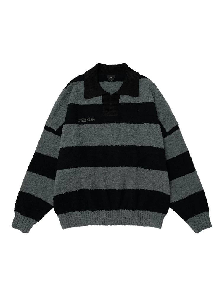 Color block striped knit polo sweater for couples SIN0847