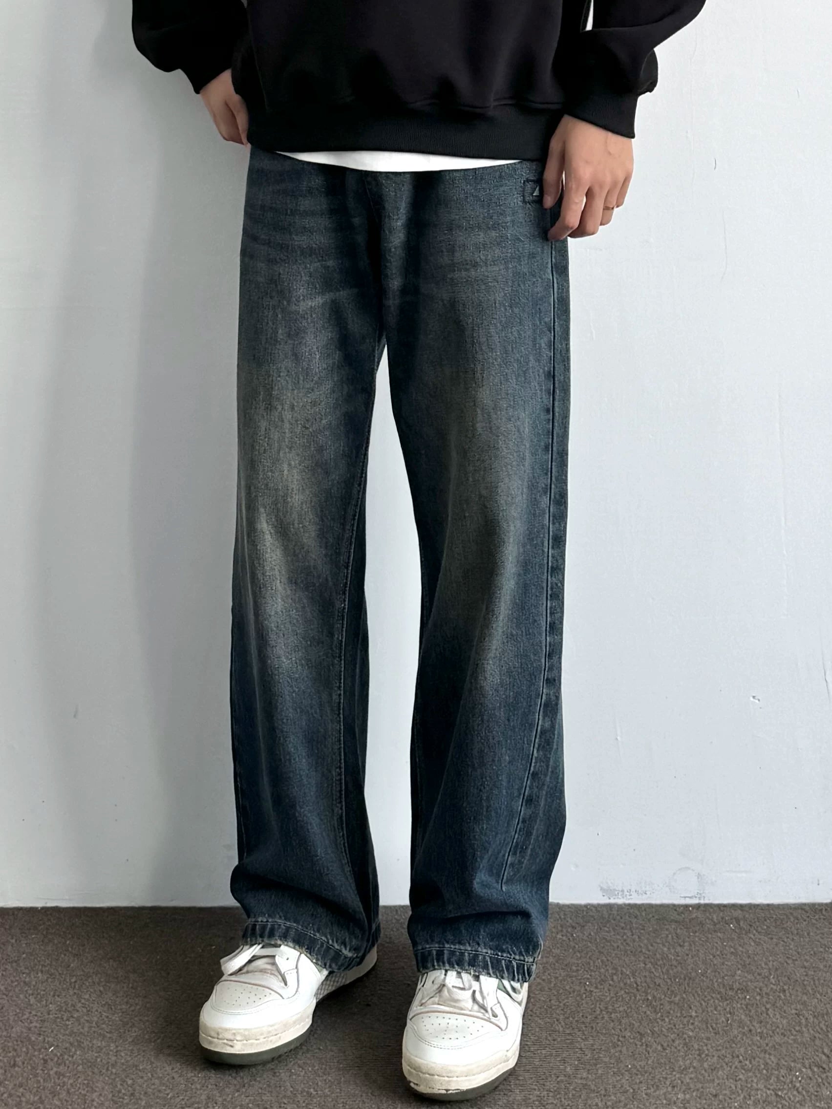 Washed blue jeans men's loose straight and thin versatile semi-elastic waist casual trousers WY080