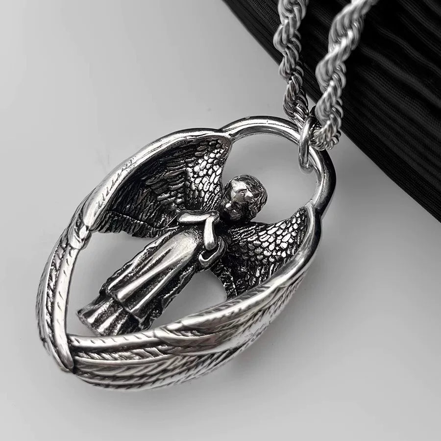 retro guardian angel wing necklace - men's antique silver wing sweater chain - unique design unisex pendant