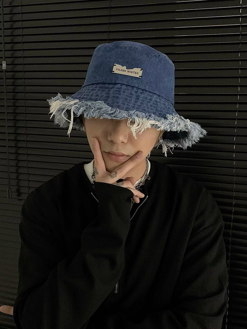 Niche style denim fisherman hat with raw edges and distressed look, small basin hat, spring and summer sun protection bucket hat, trendy