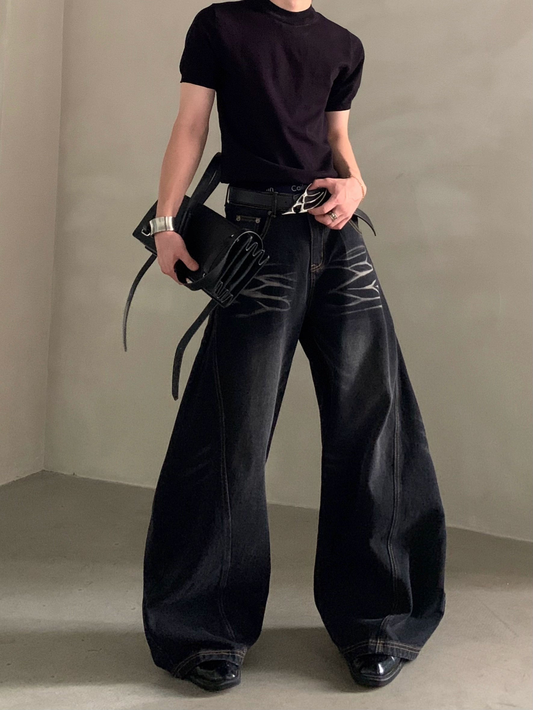 Niche design wide-leg scimitar jeans medium and high waist loose heavy drop floor pants