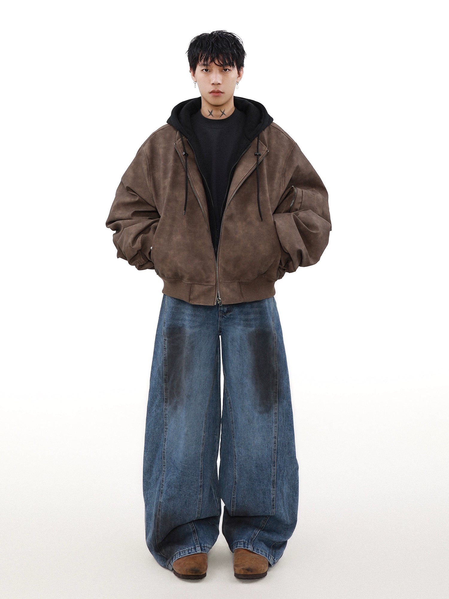 American fake two-piece jacket cotton-padded winter coat men's spring and autumn lazy style loose hooded cotton-padded coat