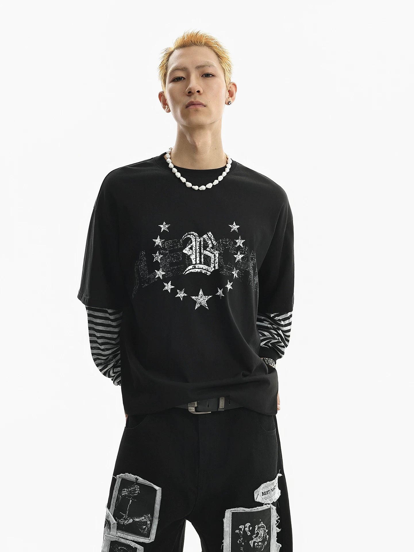 American style trendy star print striped long sleeve t-shirt for men - spring edition, edgy & relaxed fit, faux two-piece top sinclub3116