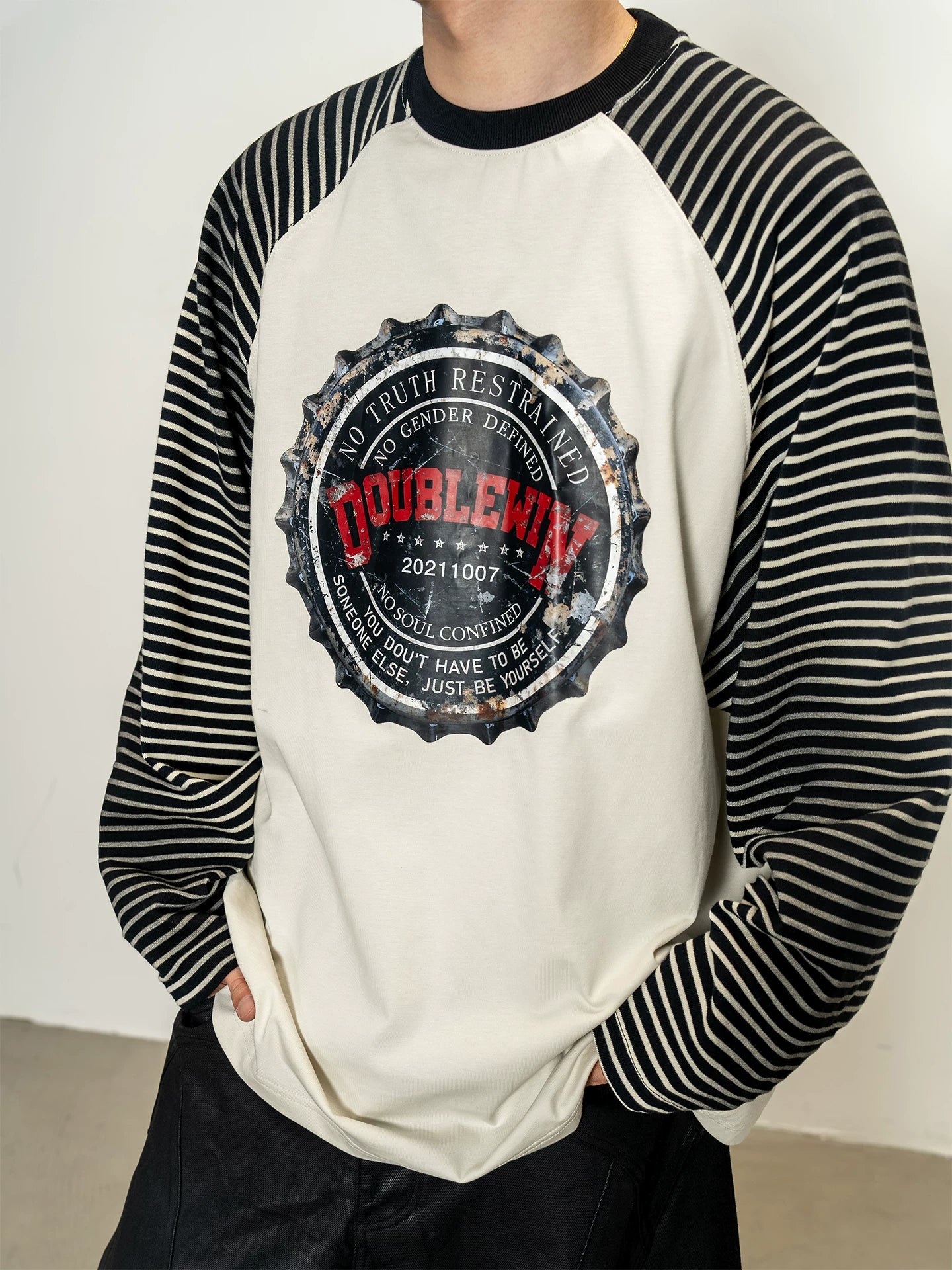 Vintage distressed striped raglan sleeve long sleeve printed t-shirt - spring loose fit casual crew neck top