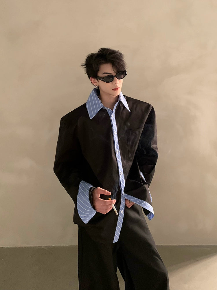 High-end niche design silhouette splicing shirt men's ruffian handsome solid color loose trend shirt