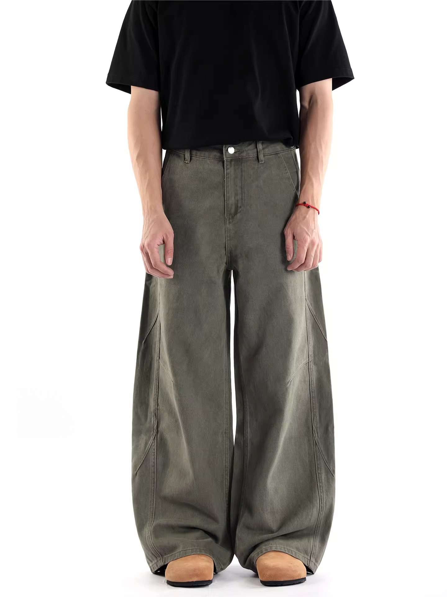 American retro distressed baggyjeansmenlooseloose pants gray green workwear style pants