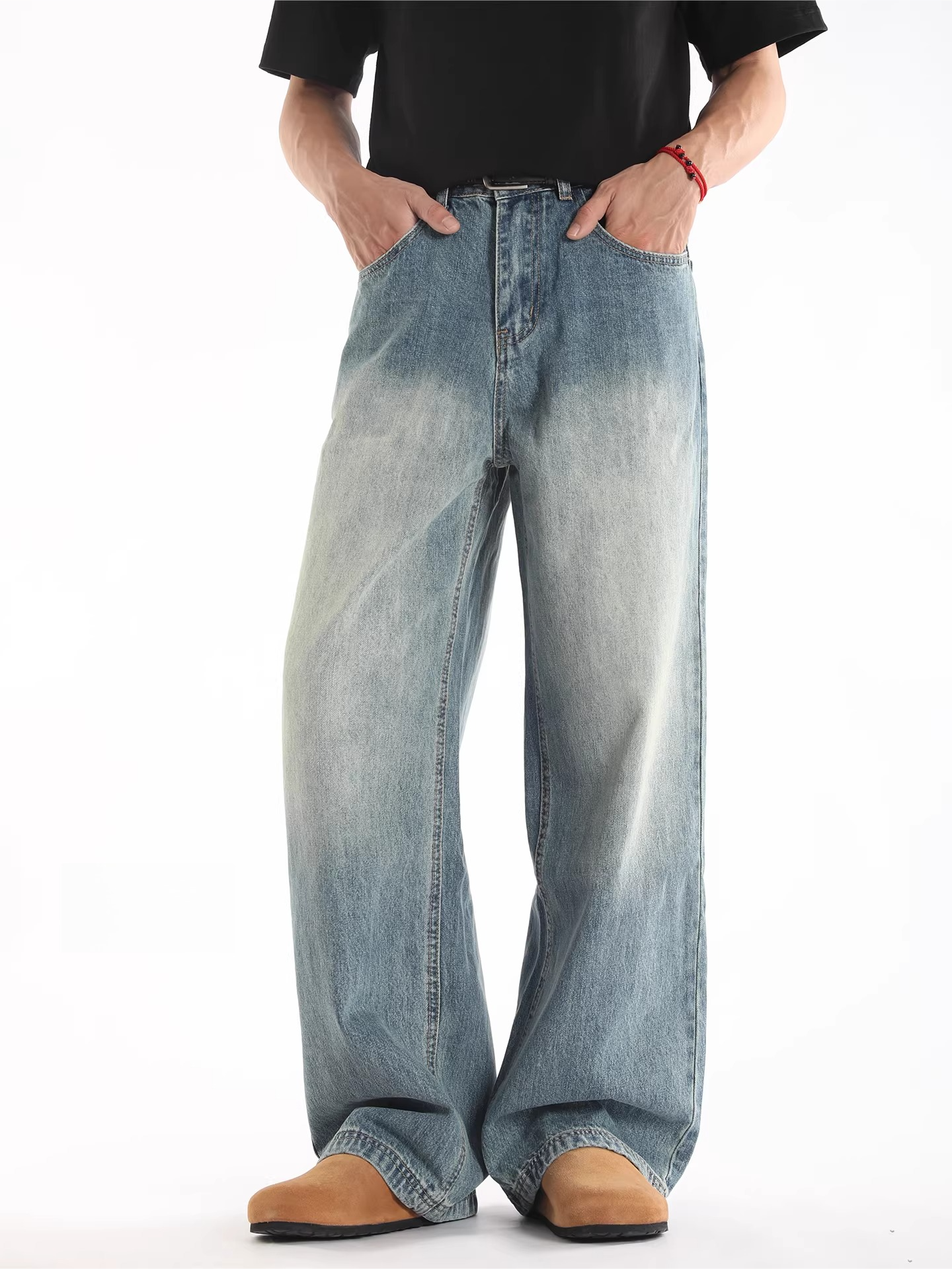 Retro blue distressed jeans men's casualcleanfit spring loosestraight-leg wide-leg pants pants