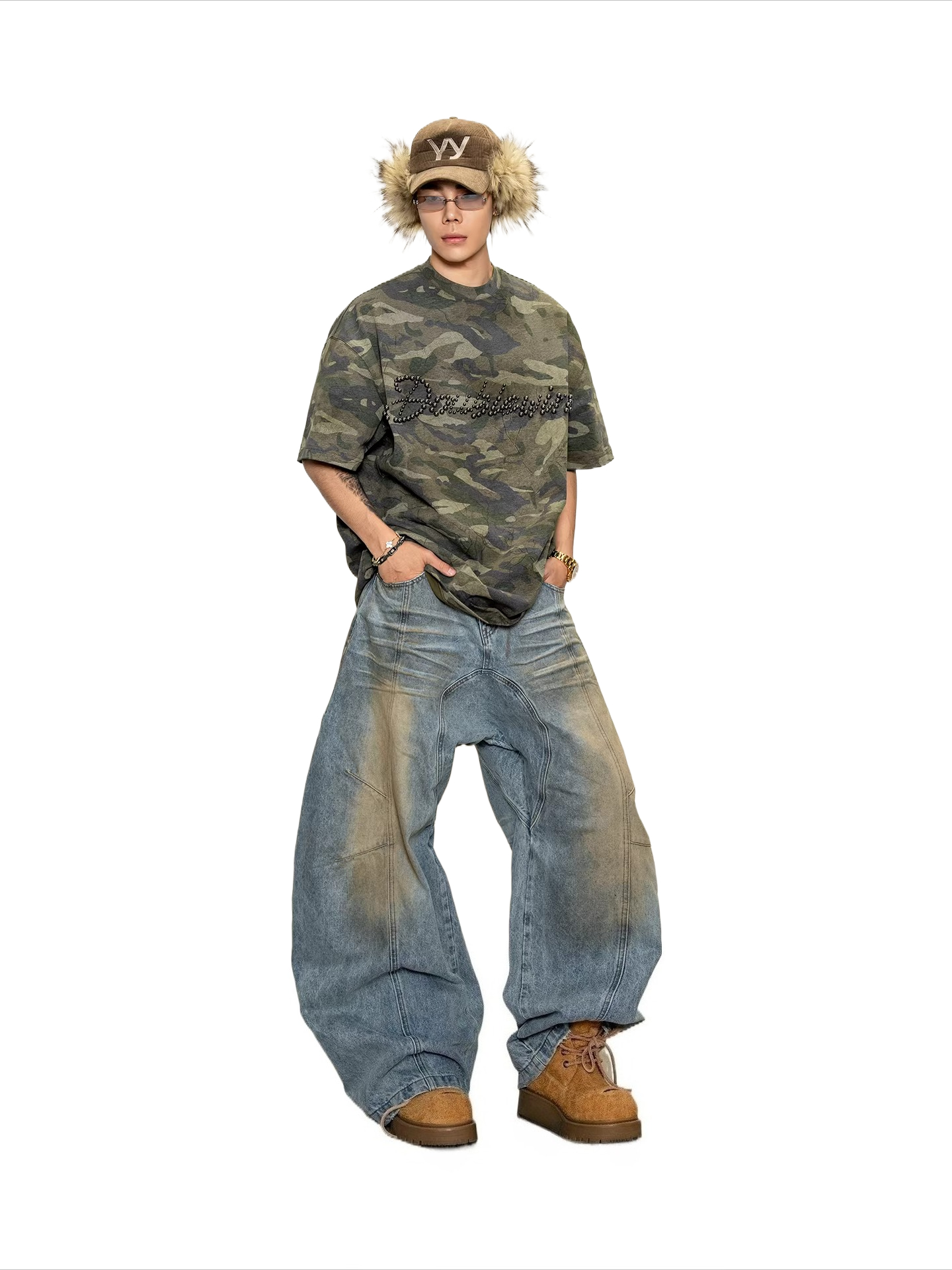 Streetwear distressed camo heavyweight beaded cotton short sleeve t-shirt - summer casual oversized top