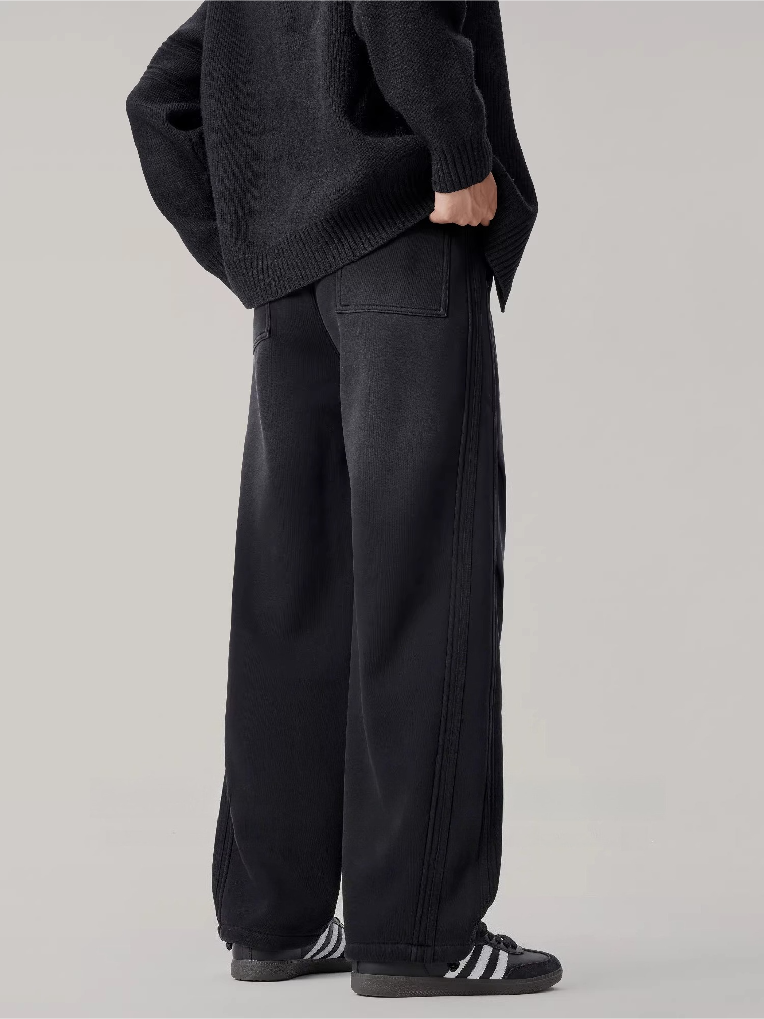 Loose black casual pants men's elastic wide-leg trousers pleated drawstring straight sweatpants WY073