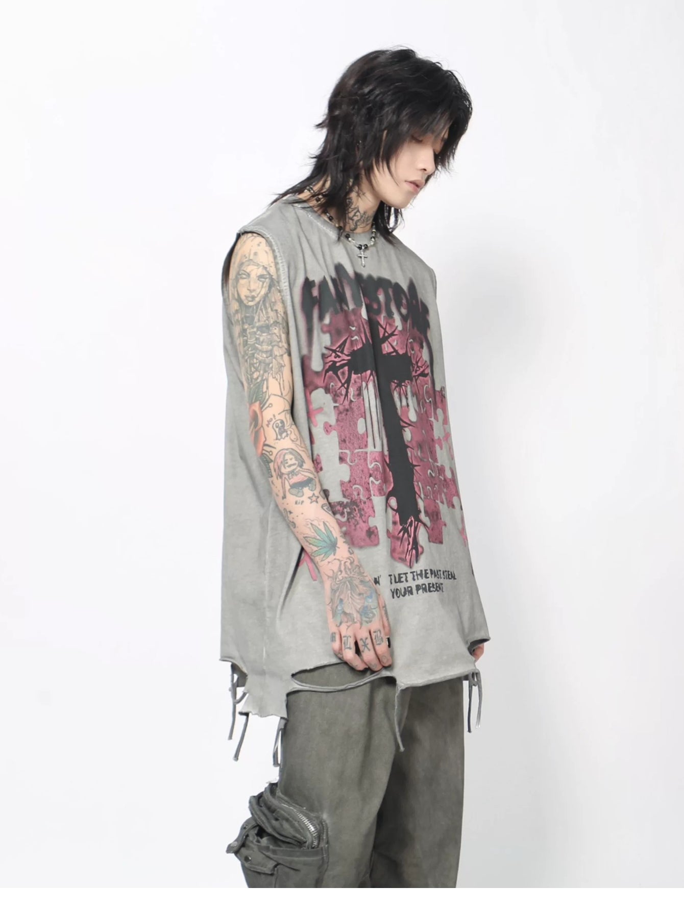 Oversized Distressed Hem Sleeveless T-Shirt