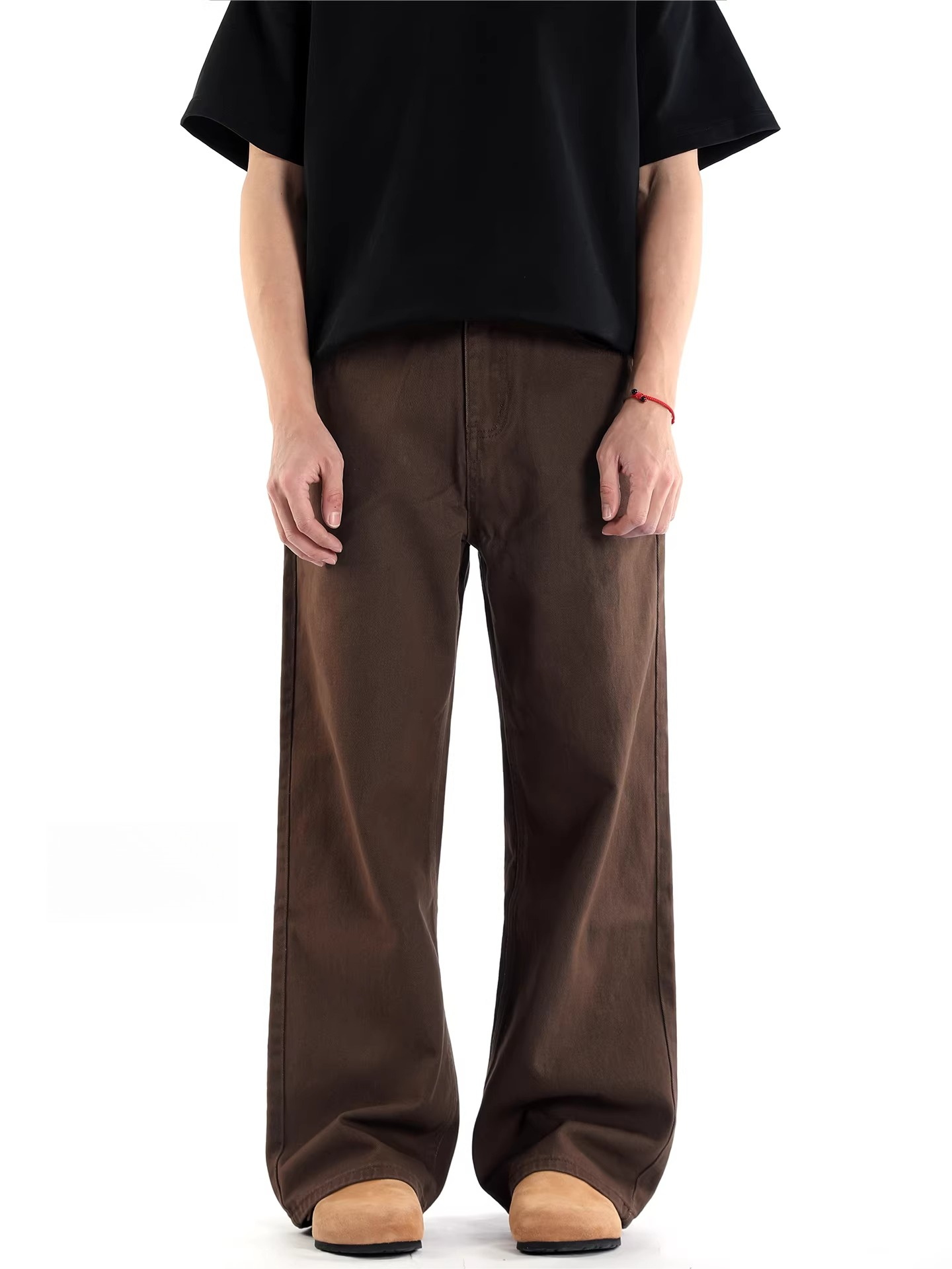 American retro style brown wide-leg jeans for men and women loosestraight-legpantscleanfit