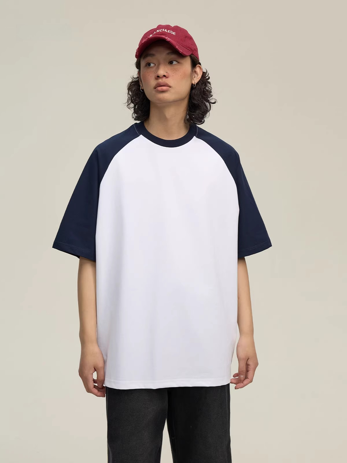 Summer American retro contrasting color shoulder sleeves cool and quick-drying t-shirt shoulder-down small neckline short sleeves WY083
