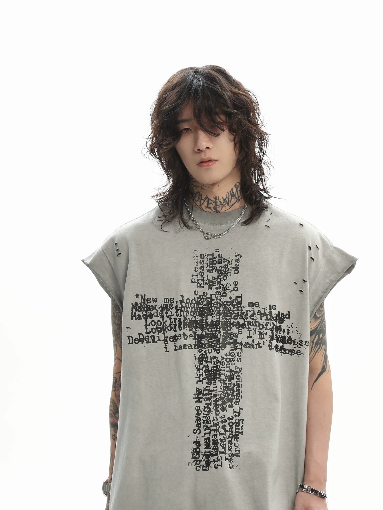 Oversized Distressed Cross Graphic Sleeveless T-Shirt