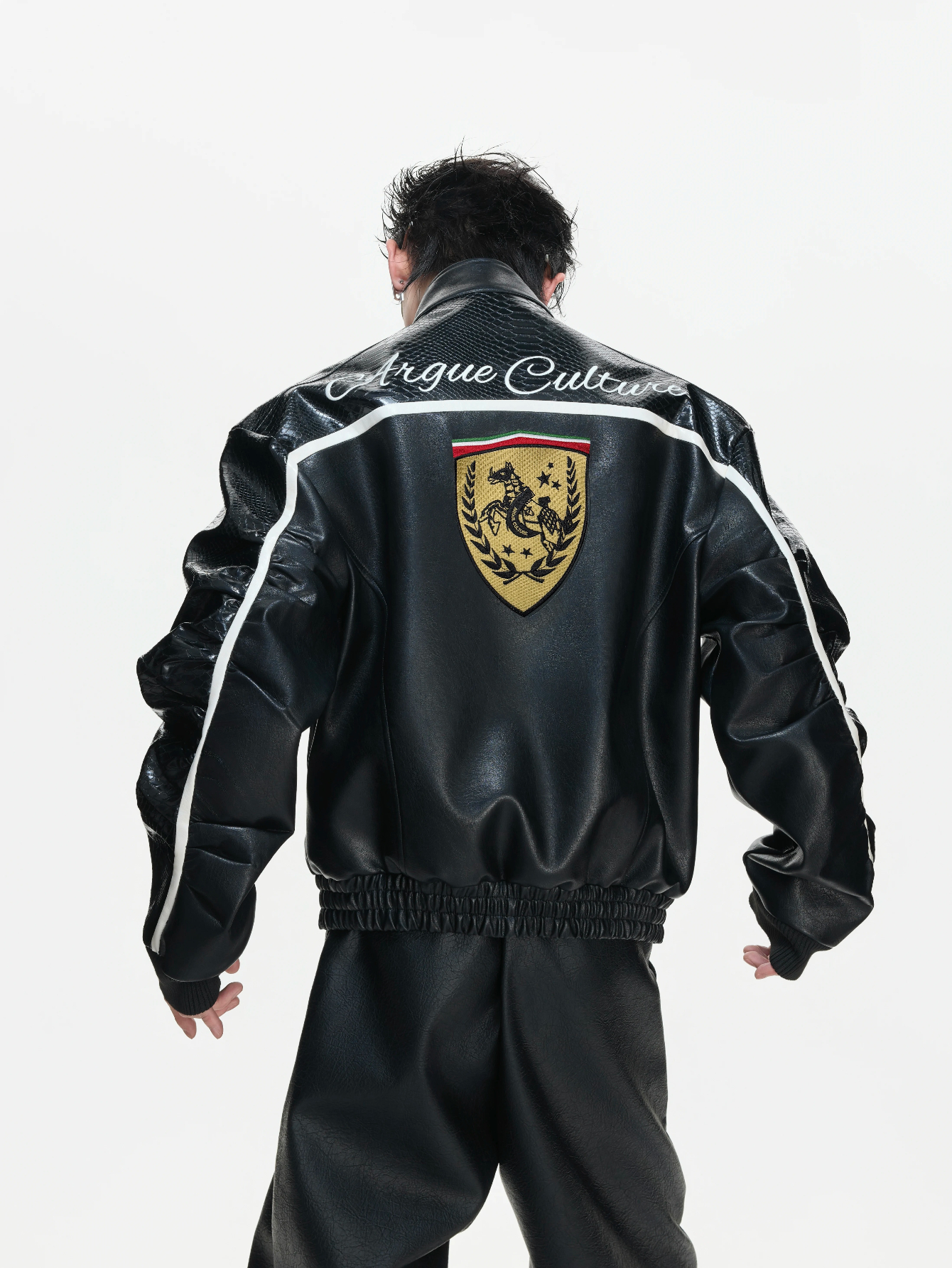 Rafa - heavy embroidered shield logo color block leather biker jacket, short & wide retro style
