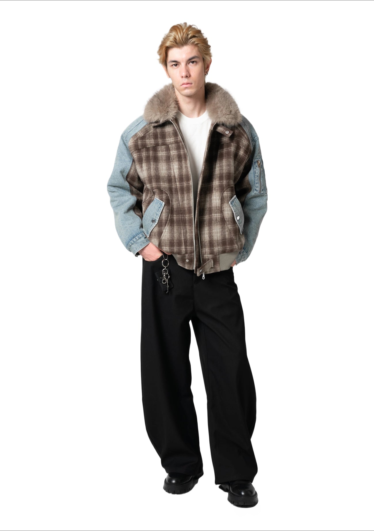 Heavyweight washed denim patchwork plaid wool blend padded jacket SIN0823