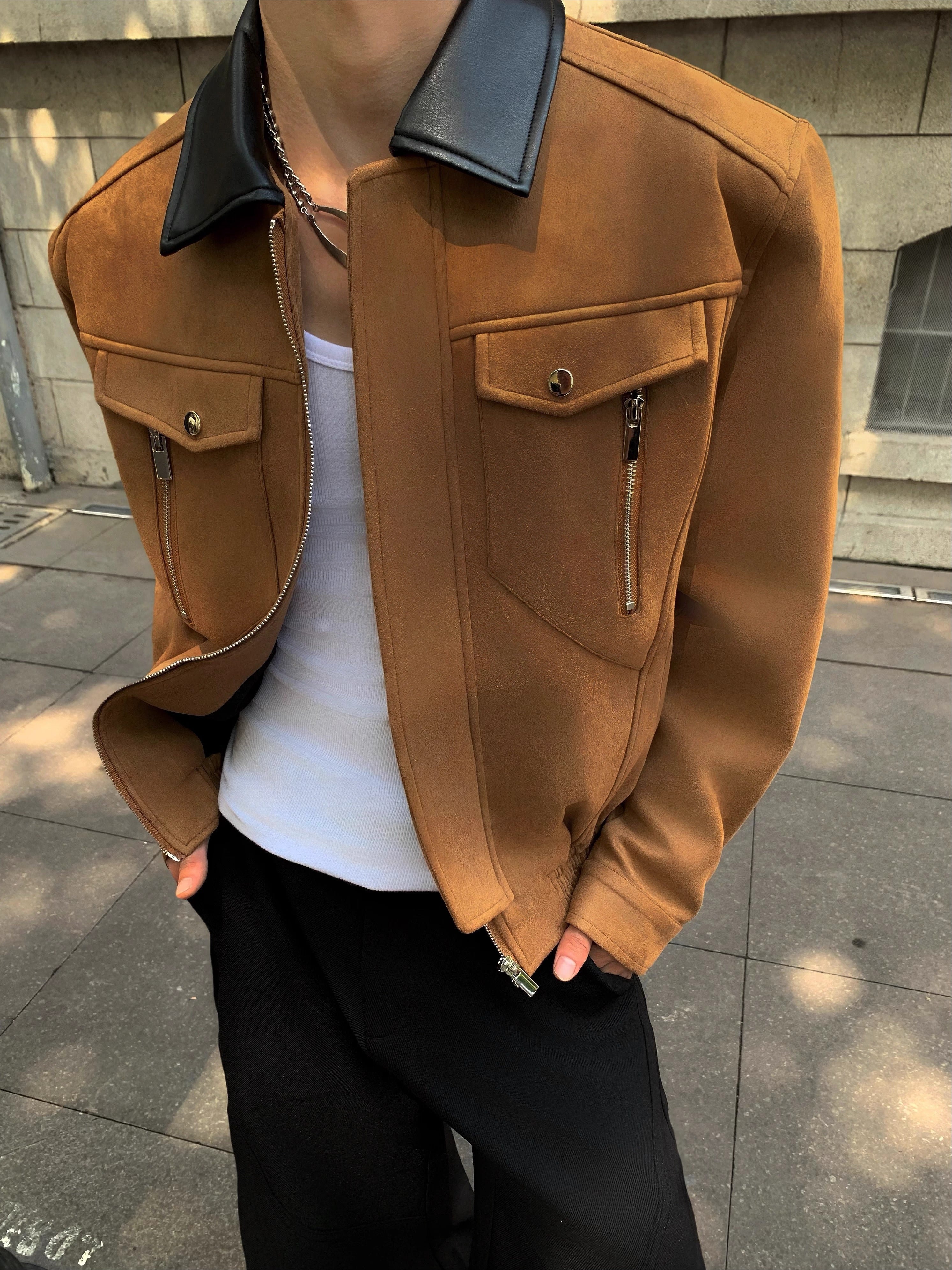 Light luxury deconstruction splicing design sense barn style shoulder padded jacket men's cleanfit suede jacket tide