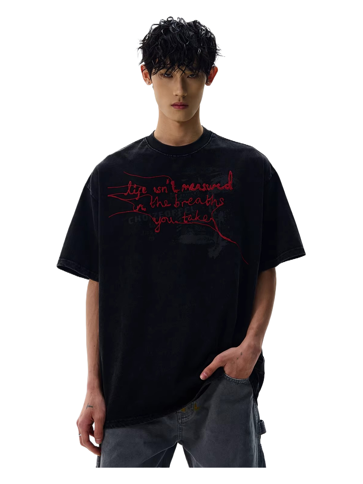 American retro vintage distressed letter embroidered short sleeve tee  SIN043