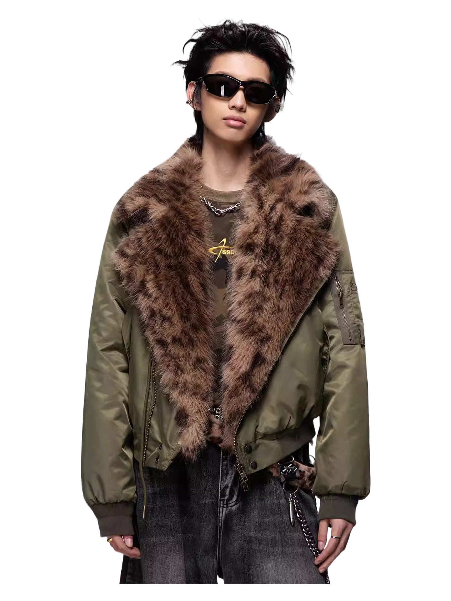 Leopard print faux fur collar biker green cropped bomber jacket SIN0852